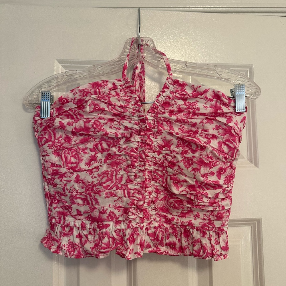Aqua Cropped Floral Pink Halter Top